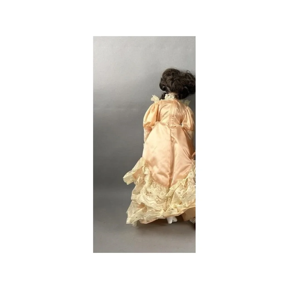 Vintage Porcelain Collector Doll Peach Satin Victorian Gown 16 Inch 1990s